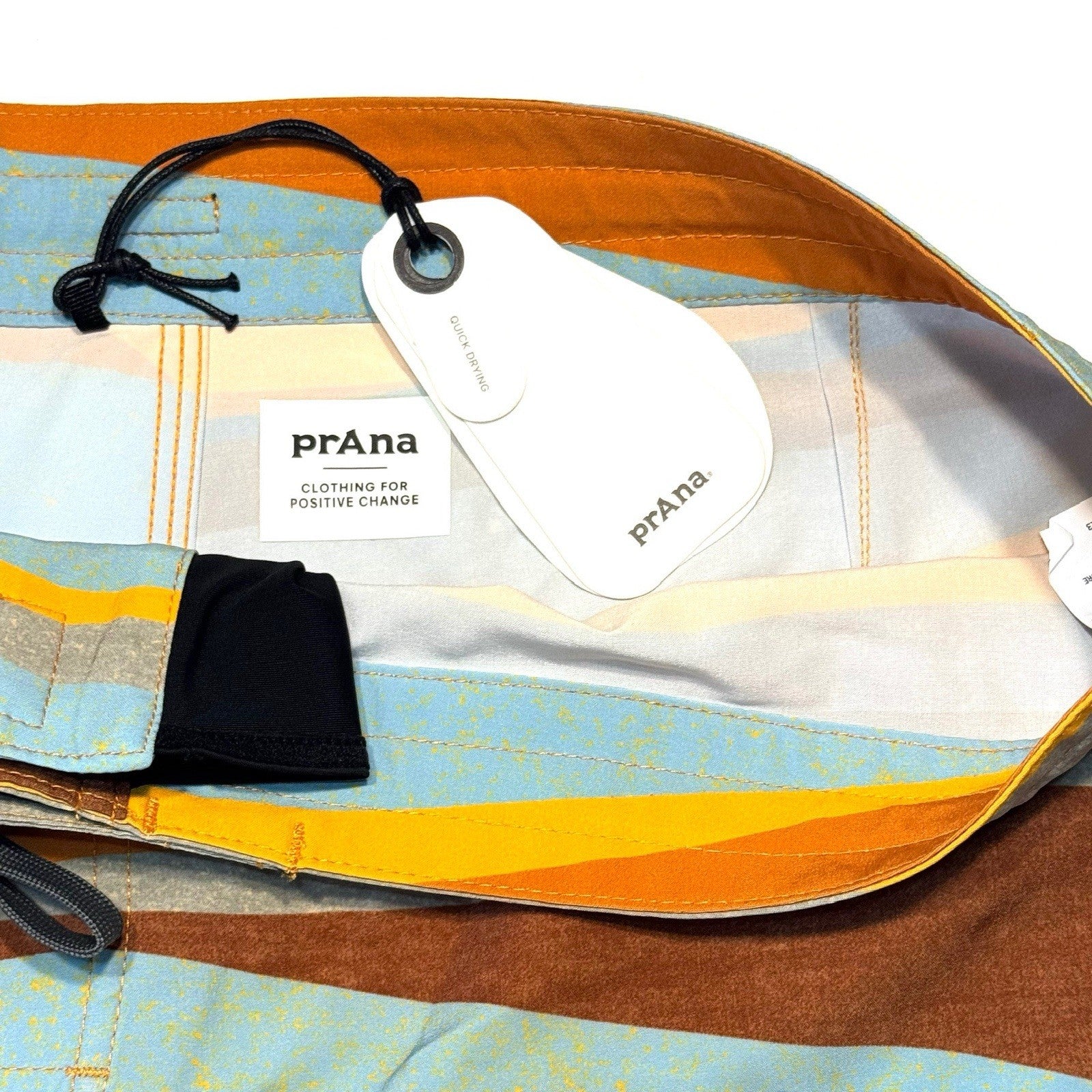 PRANA Mens 7in Fenton Board Shorts Swim Trunks Ochre Stripe Orange 38 (MSRP $65)