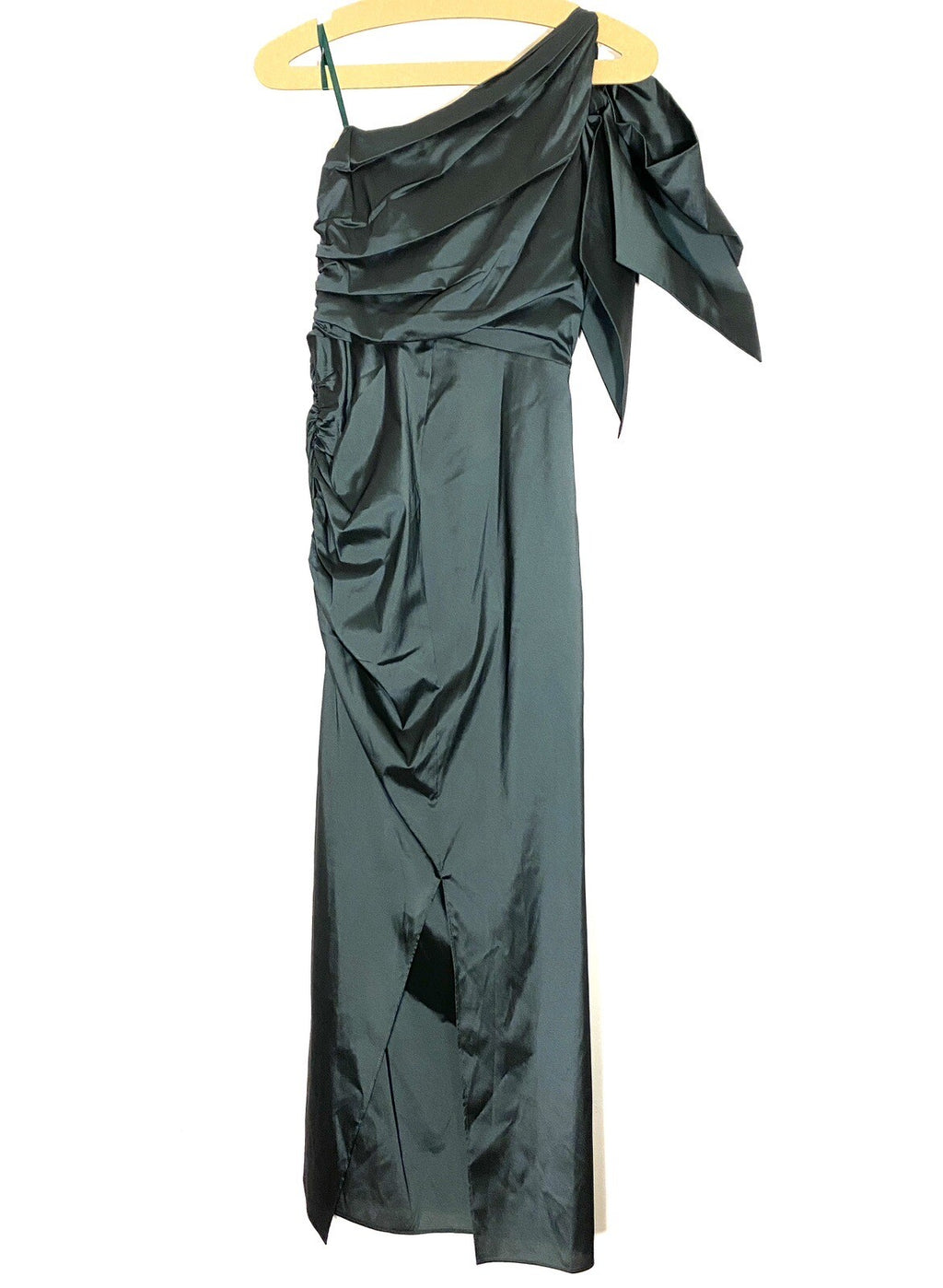 VERONICA BEARD Belis Taffeta Shoulder Bow Ruched Dress Emerald Green (MSRP $798)