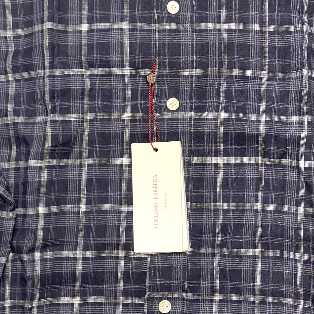 LUCIANO BARBERA Mens Linen Plaid Button Up Spread Collar Shirt Blue (MSRP $295)