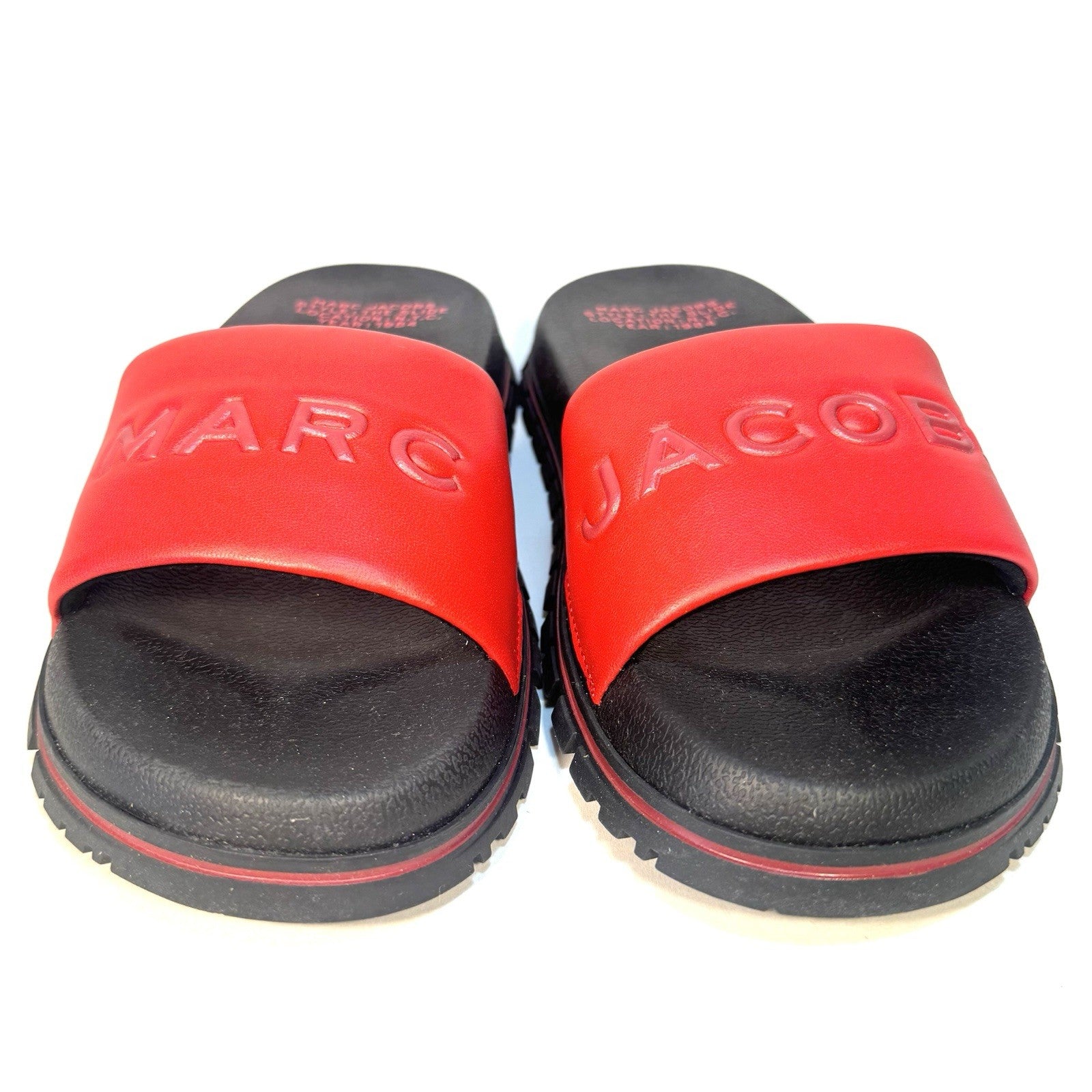 MARC JACOBS Womens The Slide Spellout Logo Leather Sandals Red 5 (MSRP $195)