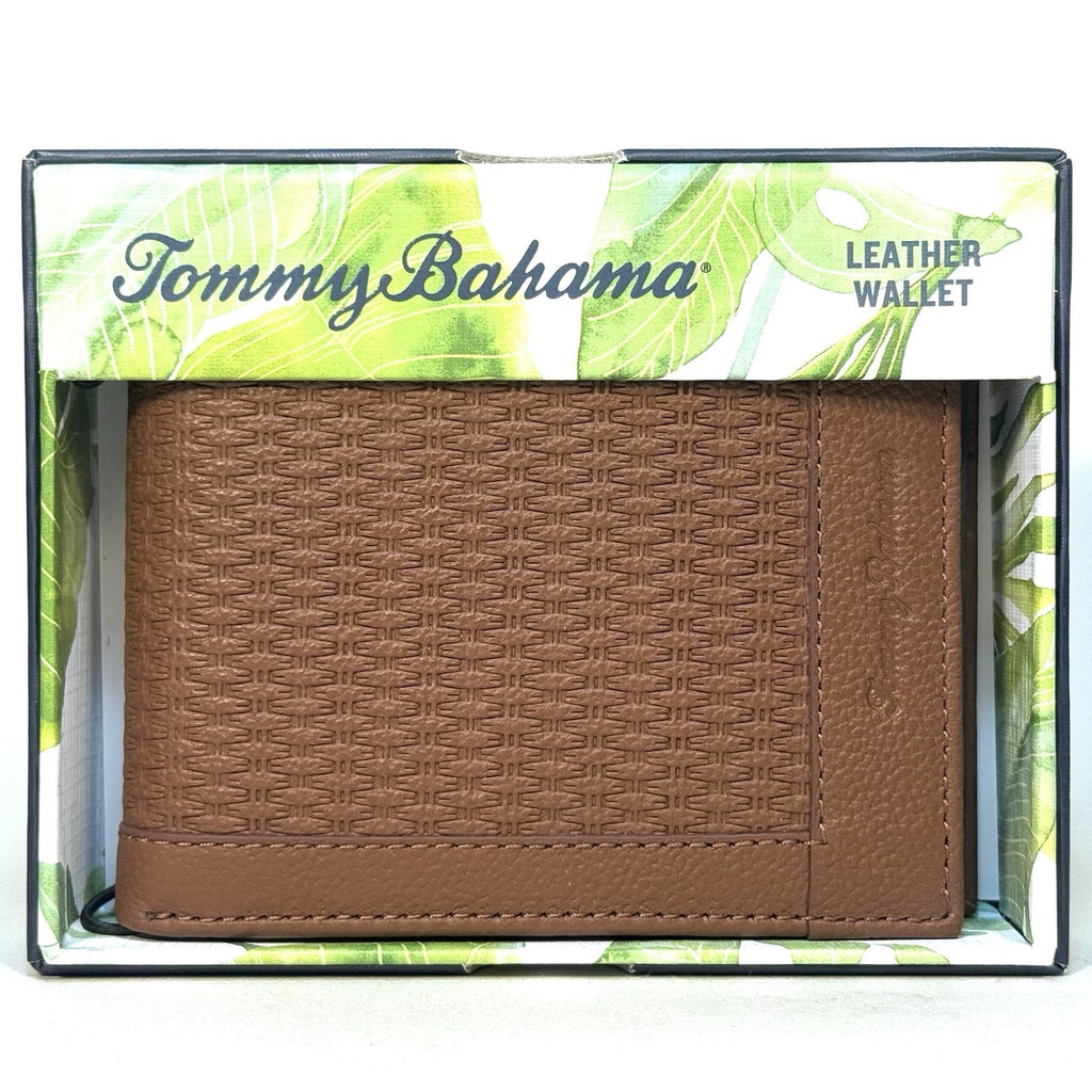 TOMMY BAHAMA Mens Basket Weave Embossed Bifold Leather Wallet Tan (MSRP $80)