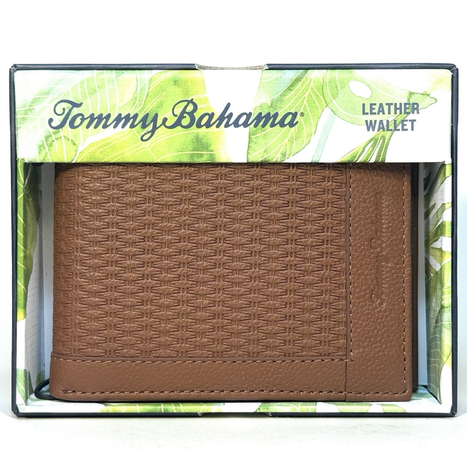 TOMMY BAHAMA Mens Basket Weave Embossed Bifold Leather Wallet Tan (MSRP $80)