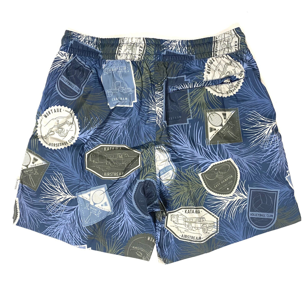 KATAMA Mens Emerson Surf Swim Trunks Destination Logo Print Blue (MSRP $195)