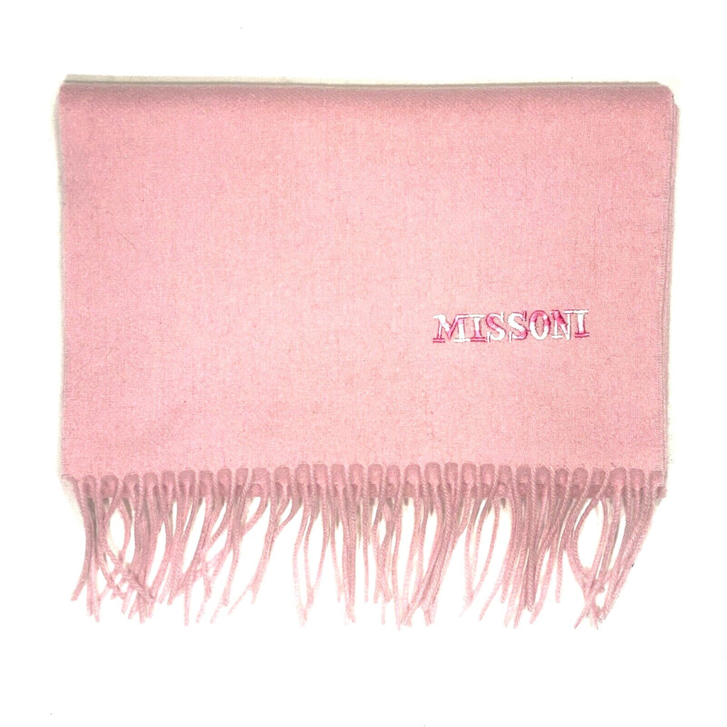 MISSONI Womens Wool Fringe Scarf Pink Logo Navy Blue Gray Fuchsia