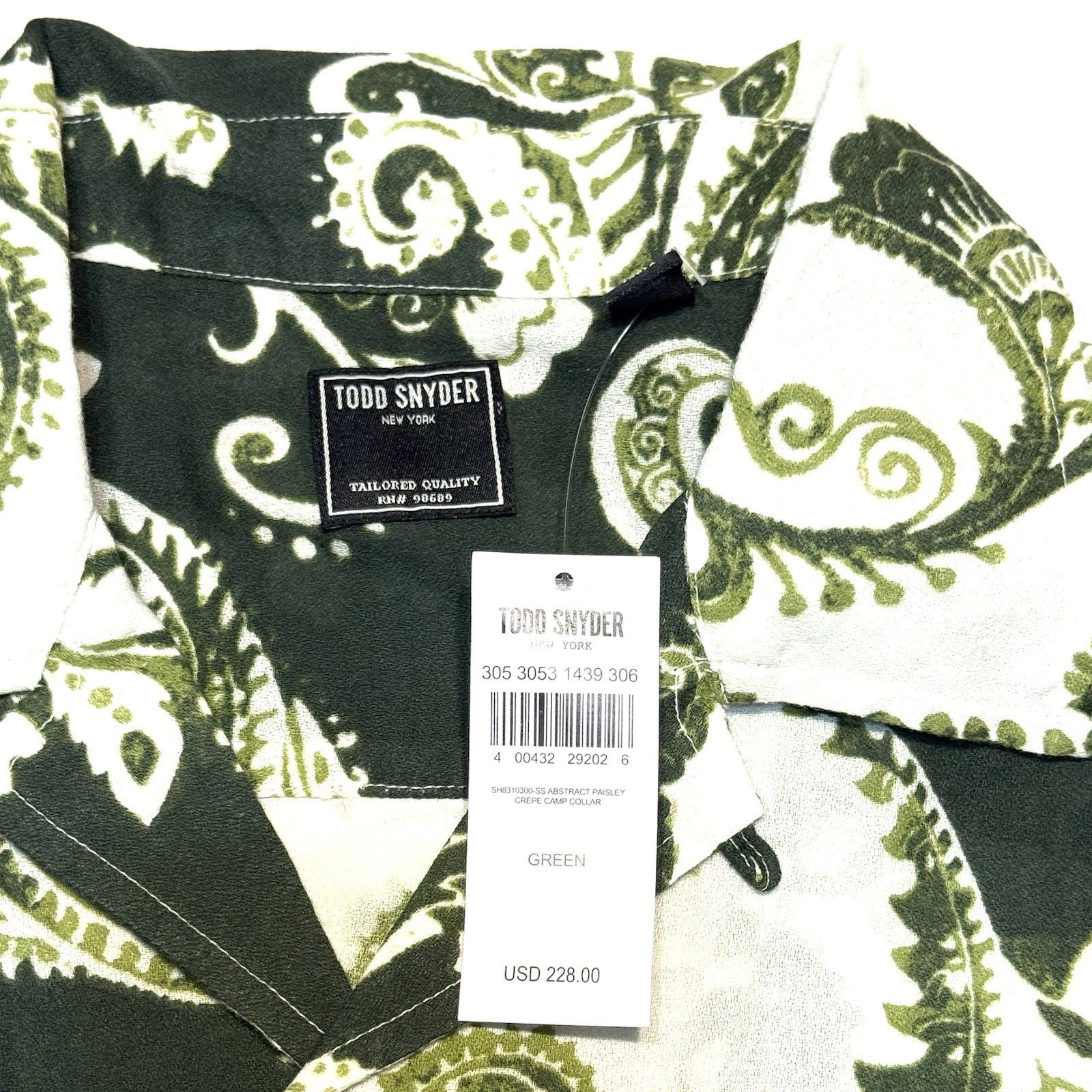 TODD SNYDER Mens Abstract Paisley Floral Crepe Camp Shirt Green (MSRP $228)
