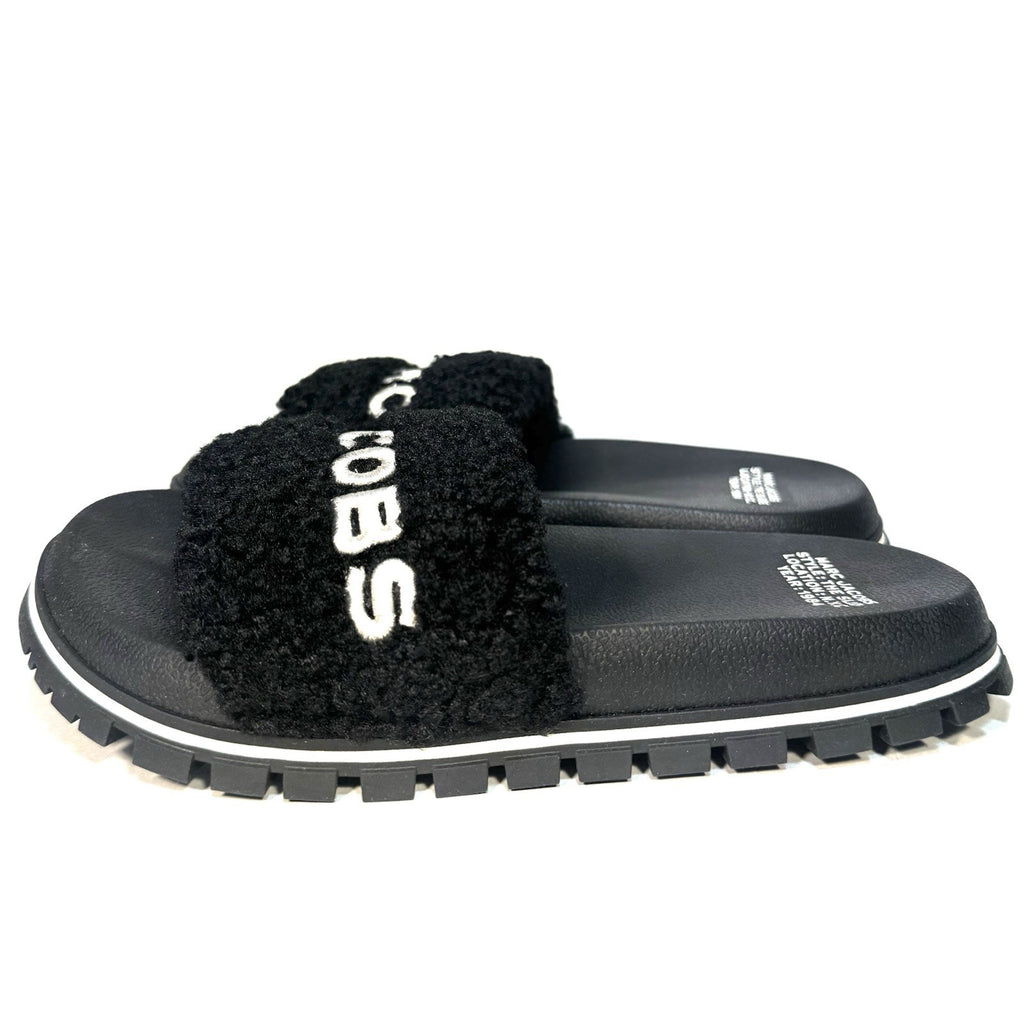 MARC JACOBS Womens The Slide Spellout Logo Teddy Sandals Black (MSRP $195)