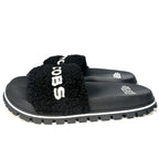 MARC JACOBS Womens The Slide Spellout Logo Teddy Sandals Black (MSRP $195)
