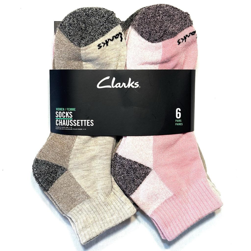 CLARKS Womens Quarter Ankle Crew Socks Khaki Pink - 6 Pairs