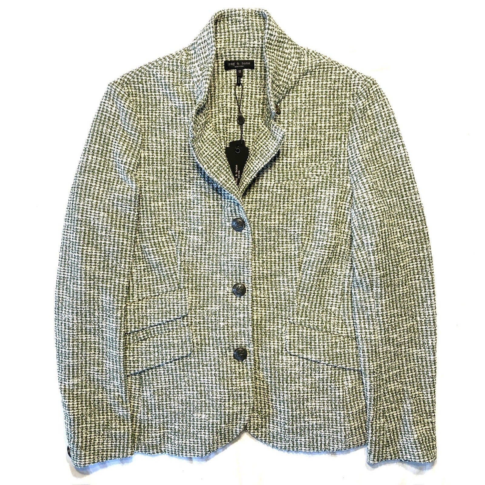 RAG & BONE Womens Slade Tweed Up Collar Slim Blazer Jacket Green (MSRP $595)