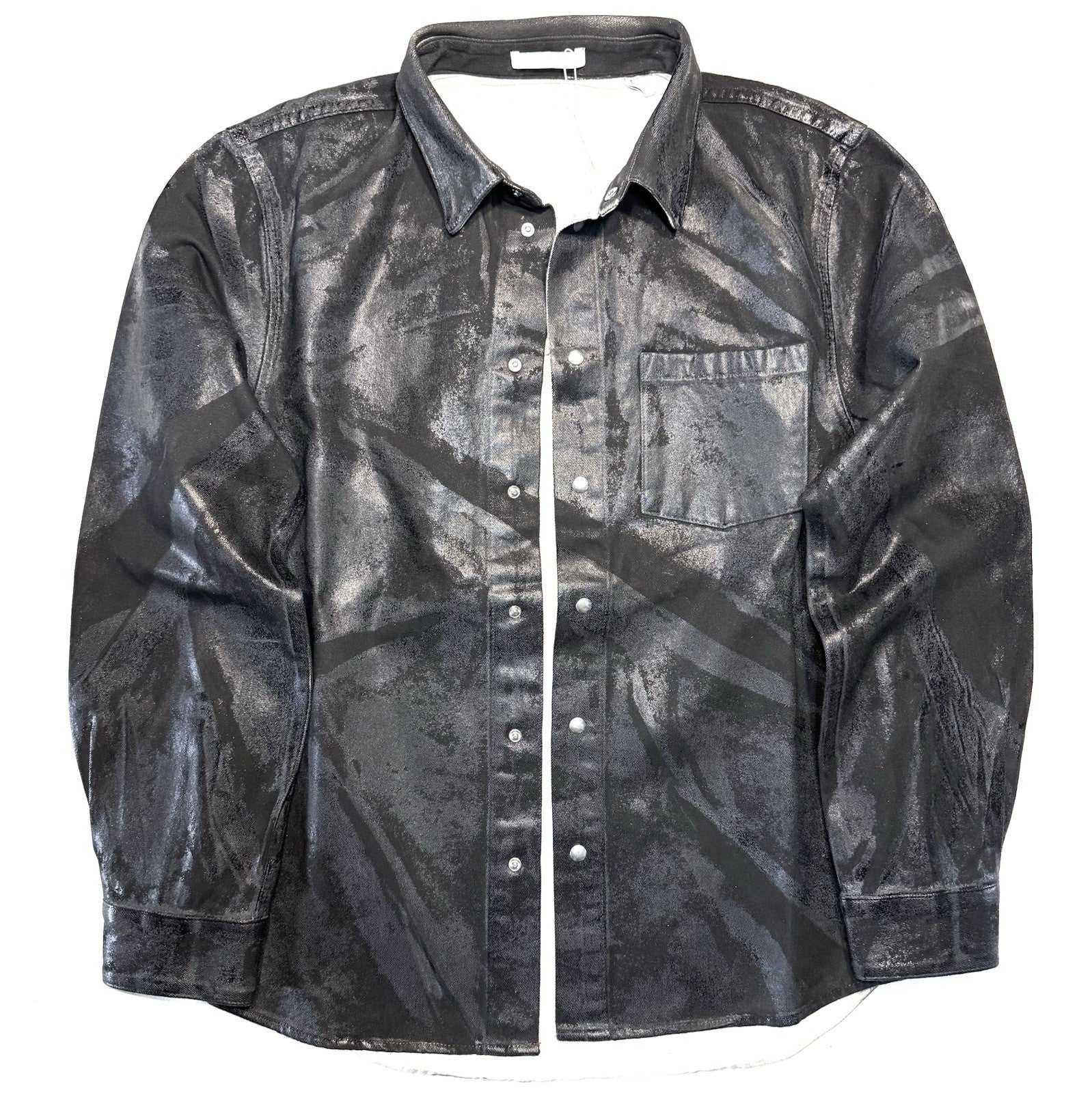 HELMUT LANG Mens Foil Jean Shirt Jacket Metal Crash Distressed Black (MSRP $695)