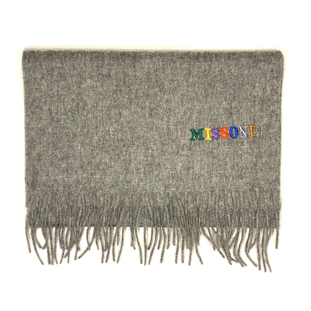 MISSONI Mens Womens Wool Fringe Scarf Multicolor Logo Black Gray Red