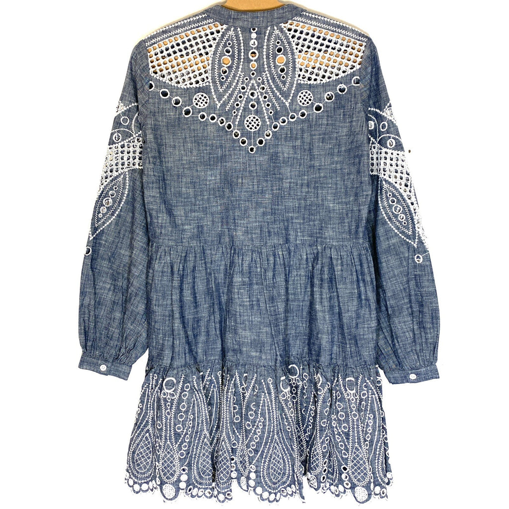 VERONICA BEARD Ariana Chambray Eyelet Long Sleeve Mini Dress Blue (MSRP $698)