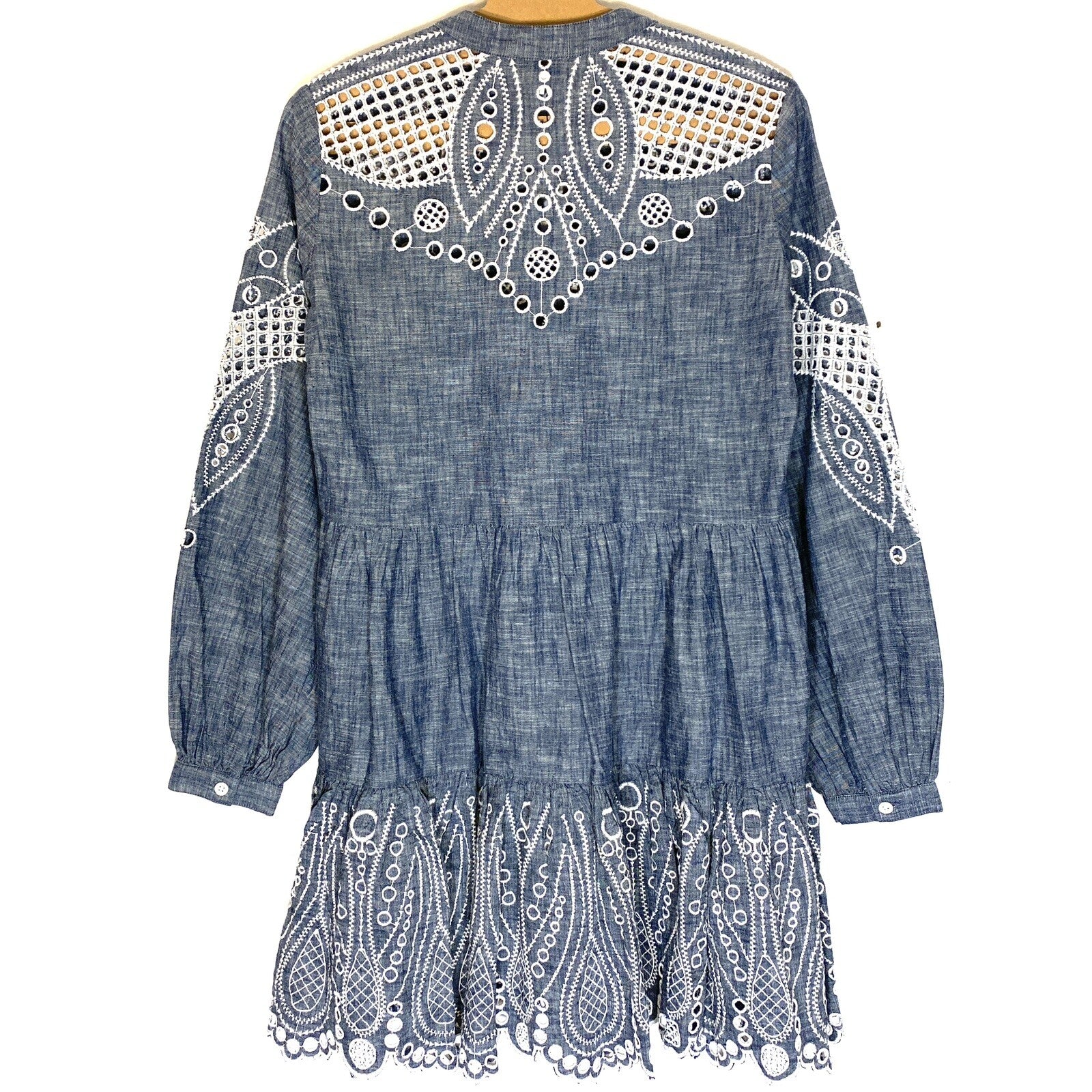 VERONICA BEARD Ariana Chambray Eyelet Long Sleeve Mini Dress Blue (MSRP $698)