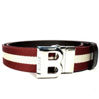 BALLY Mens Bising B Logo Stripe Canvas Leather Belt Brown Red 110 (MSRP $380)