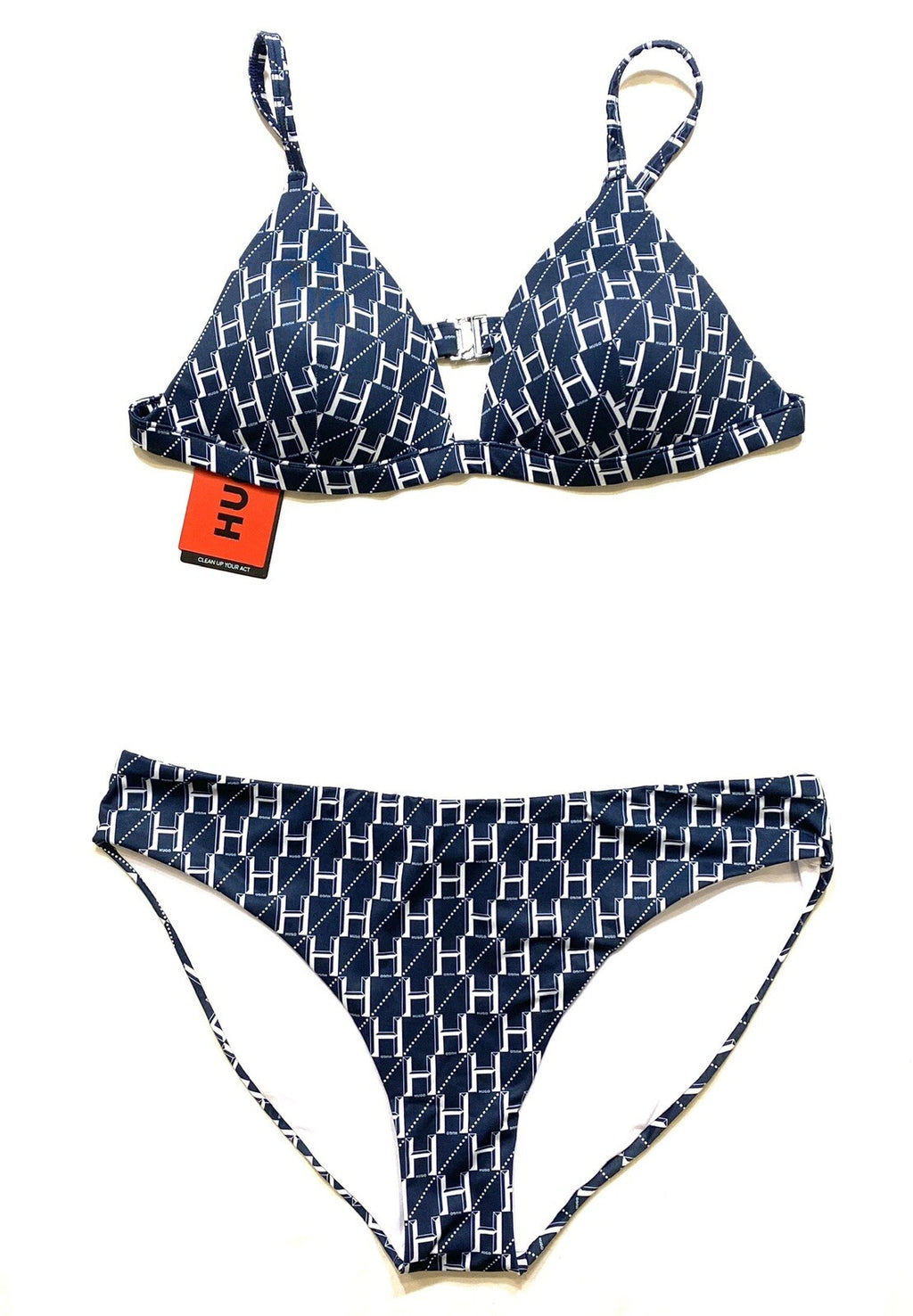 HUGO BOSS Womens Triangle Monogram Logo Bikini Top and Bottom Set Blue XL