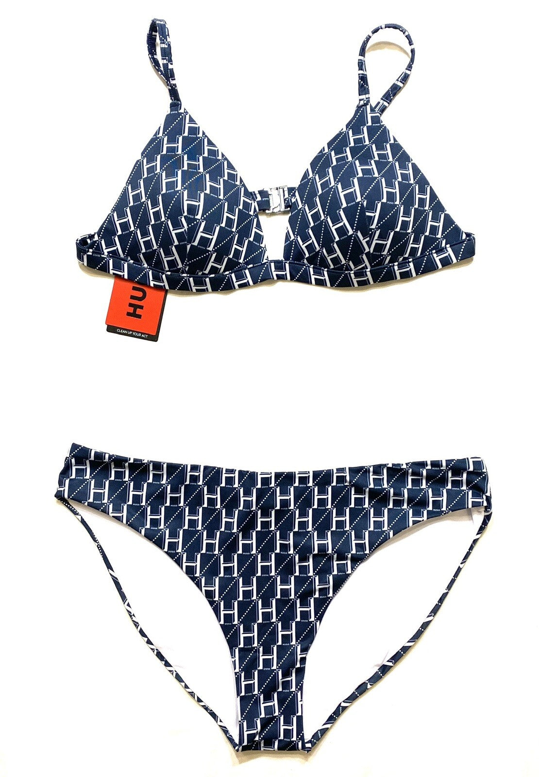 HUGO BOSS Womens Triangle Monogram Logo Bikini Top and Bottom Set Blue XL