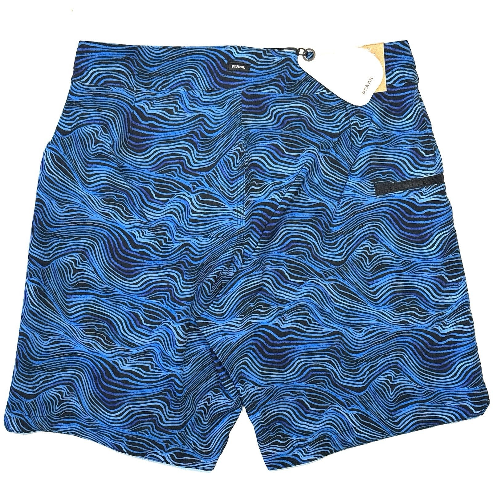 PRANA Mens 7in Fenton Board Shorts Swim Trunks Black Waves Blue (MSRP $65)