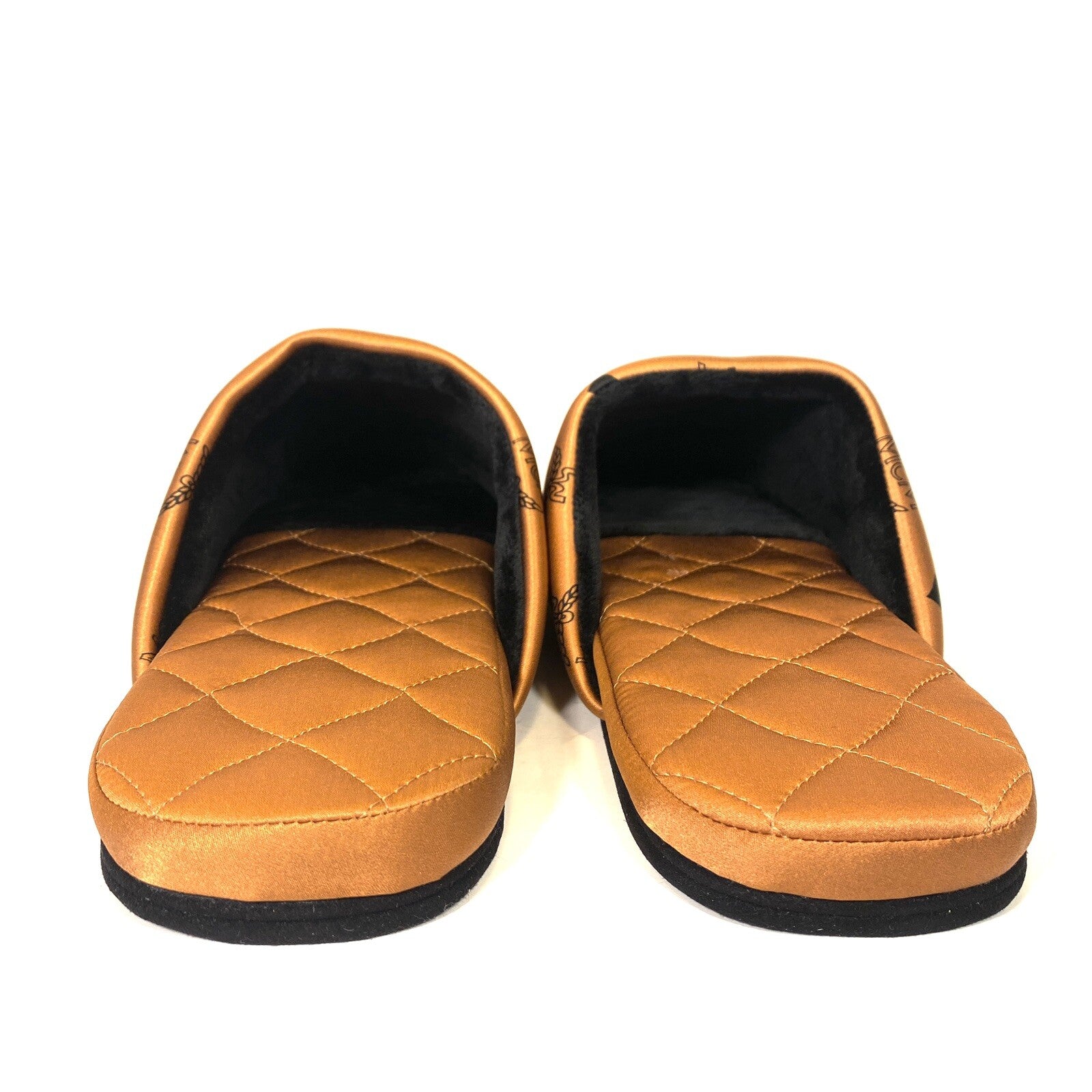 MCM Unisex Visetos Logo Silk Room Slippers Cognac Brown (MSRP $260)