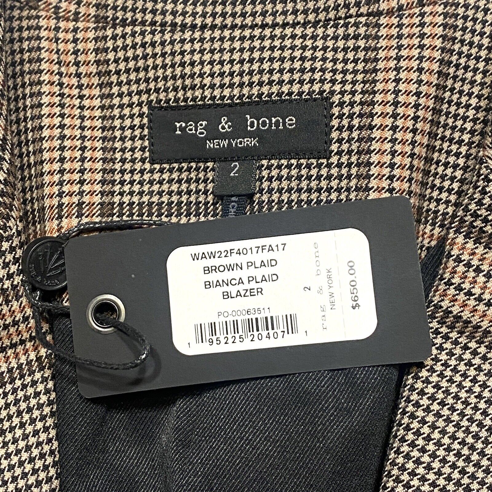RAG & BONE Womens Bianca Plaid Check Blazer Jacket Brown 2 (MSRP $650)
