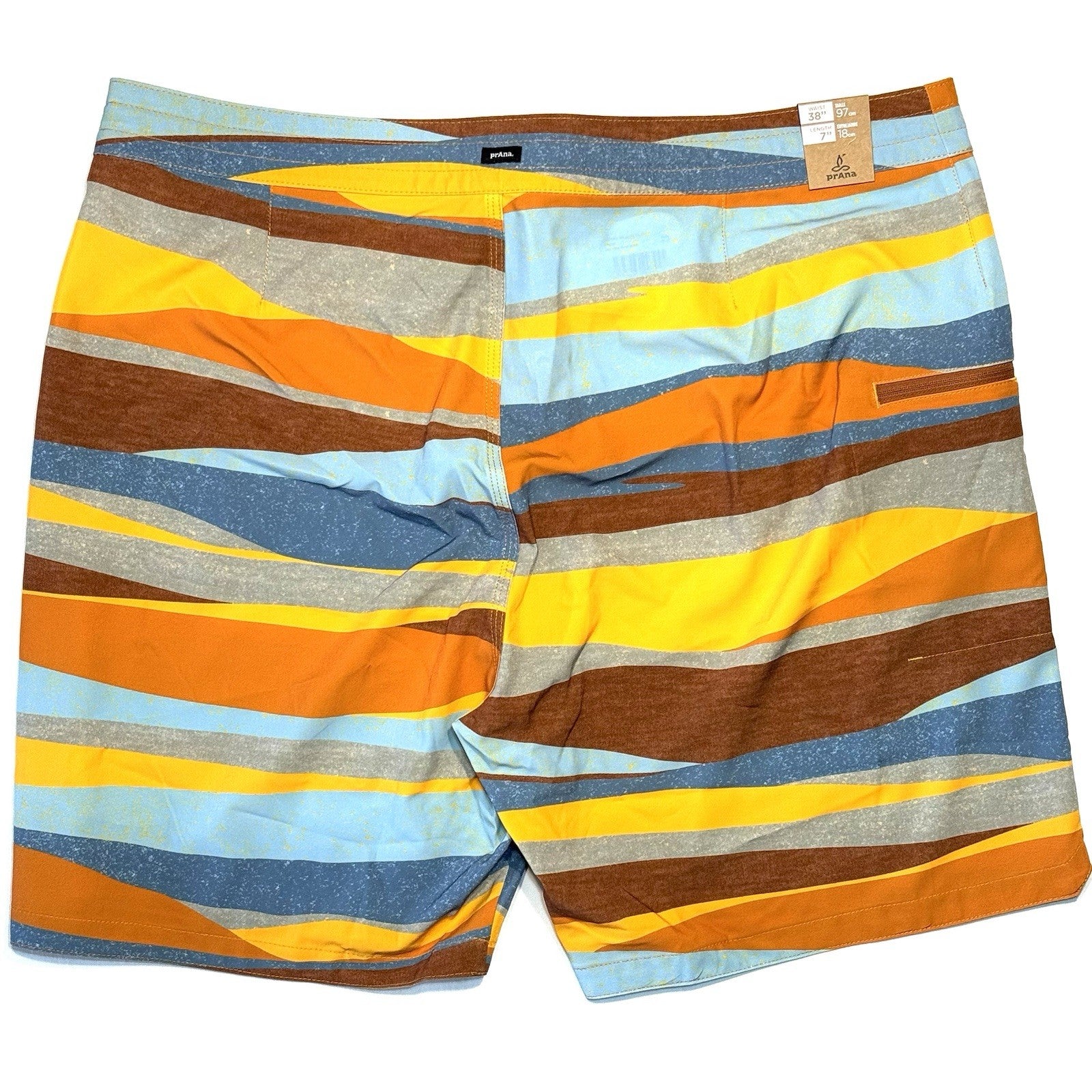 PRANA Mens 7in Fenton Board Shorts Swim Trunks Ochre Stripe Orange 38 (MSRP $65)