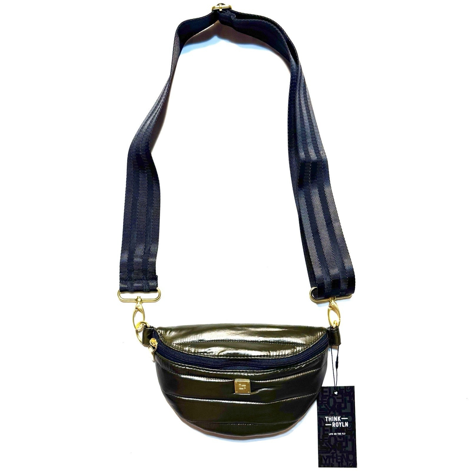 THINK ROYLN Shining Star Crossbody Waist Bag Shiny Dark Olive Green (MSRP $108)