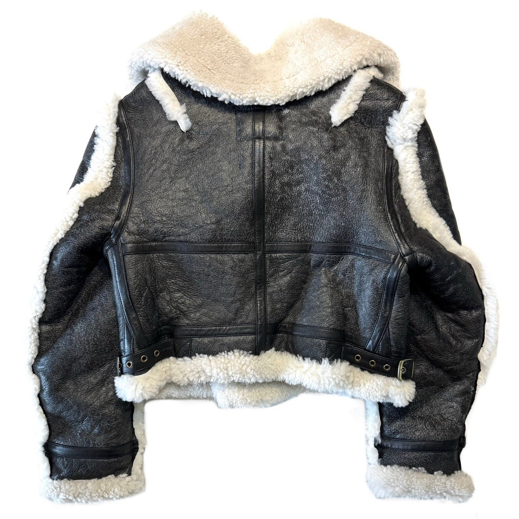 R13 Womens Shearling Leather Shrunken Aviator Jacket Black (MSRP $3,495)