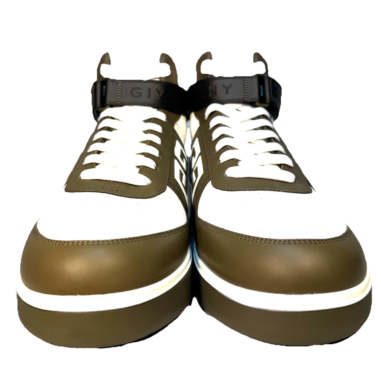 GIVENCHY Mens G4 Leather High Top Sneakers White Khaki Green 48 (MSRP $750)