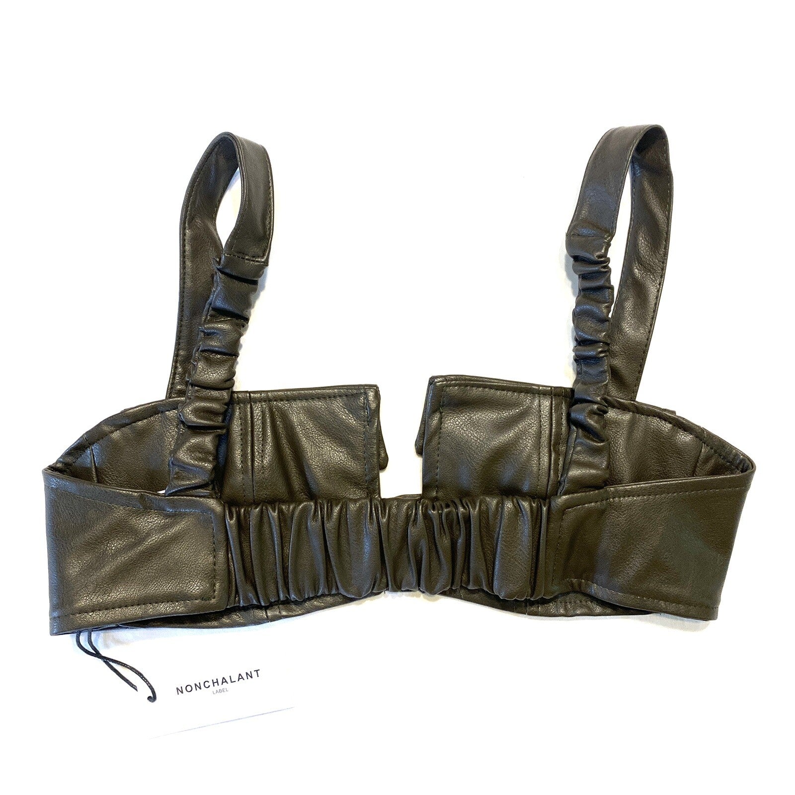 NONCHALANT Womens Ciara Faux Leather Bralette Pocket Top Army Green (MSRP $196)
