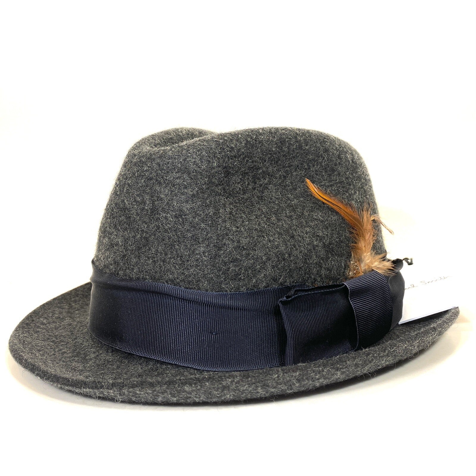 PAUL SMITH Mens Trilby Handmade in UK Wool Felt Feather Hat Grey S (MSRP $165)