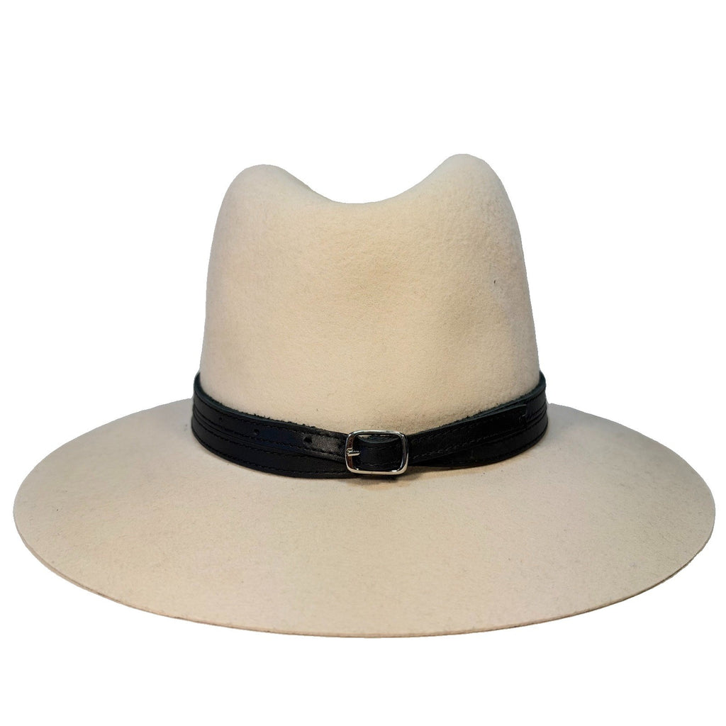 JANESSA LEONE Womens Wool Leather Buckle Trim Fedora Hat Beige S (MSRP $337)