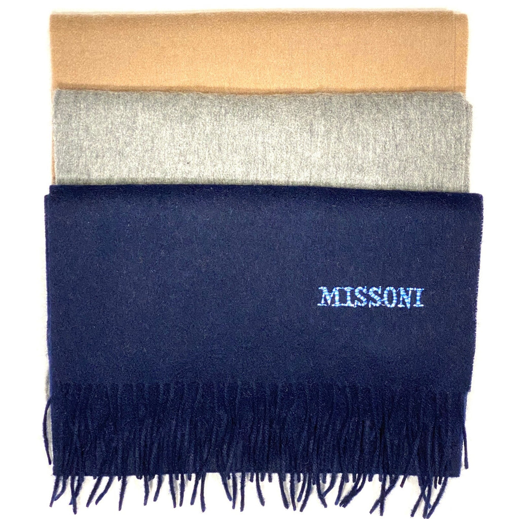 MISSONI Mens Womens Wool Fringe Scarf Blue Logo Navy Gray Beige