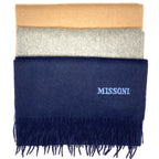 MISSONI Mens Womens Wool Fringe Scarf Blue Logo Navy Gray Beige