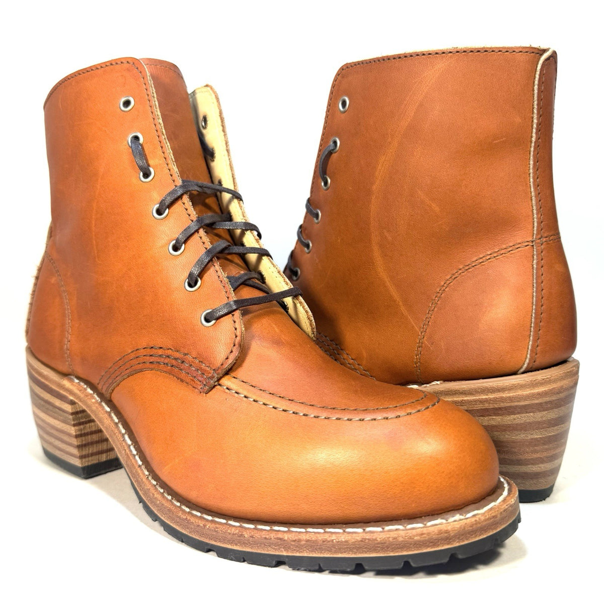 RED WING Womens Clara Block Heel Lace Up Boots Oro Legacy Brown (MSRP $360)
