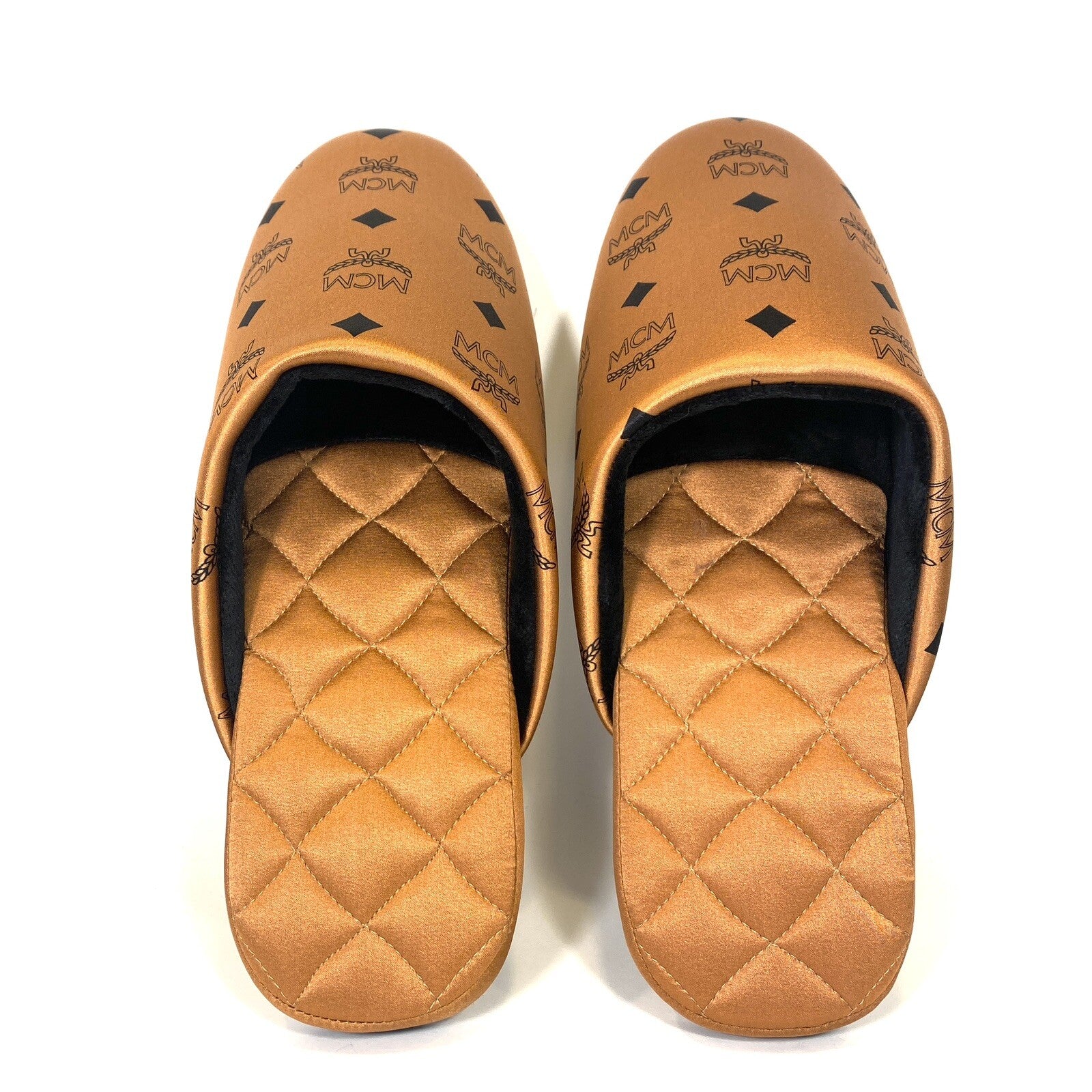 MCM Unisex Visetos Logo Silk Room Slippers Cognac Brown (MSRP $260)