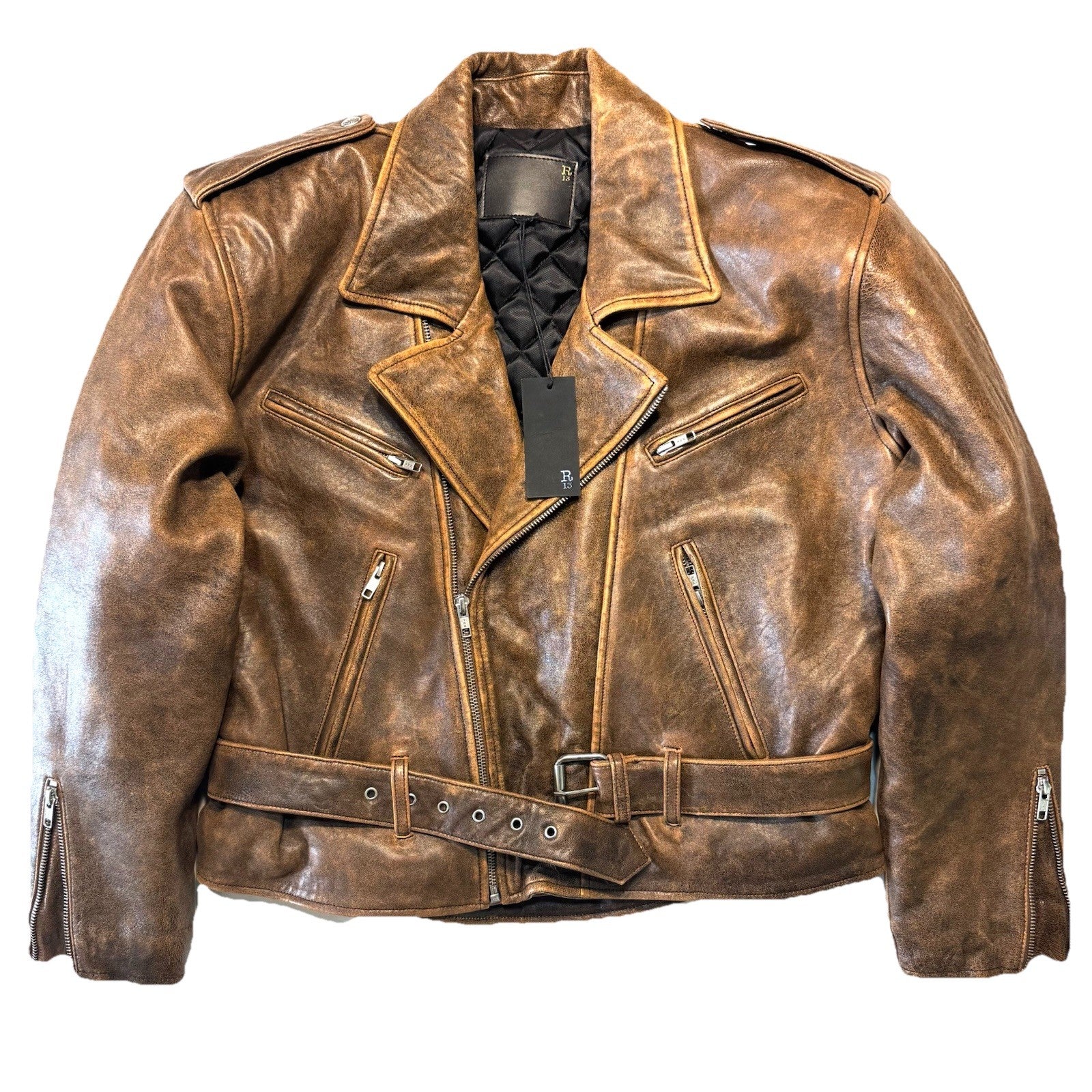 R13 Womens Exaggerated Shoulder Leather Motorcycle Jacket Brown (MSRP $1,995)