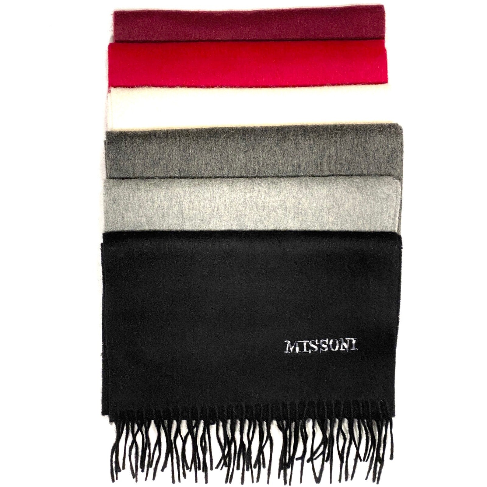 MISSONI Mens Womens Wool Fringe Scarf Neutral Logo Black Gray Red
