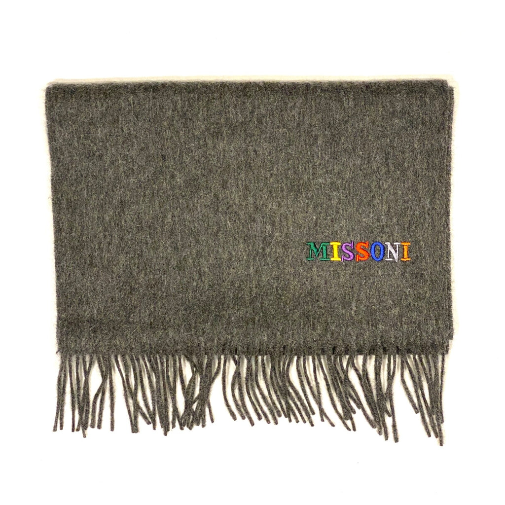 MISSONI Mens Womens Wool Fringe Scarf Multicolor Logo Black Gray Red