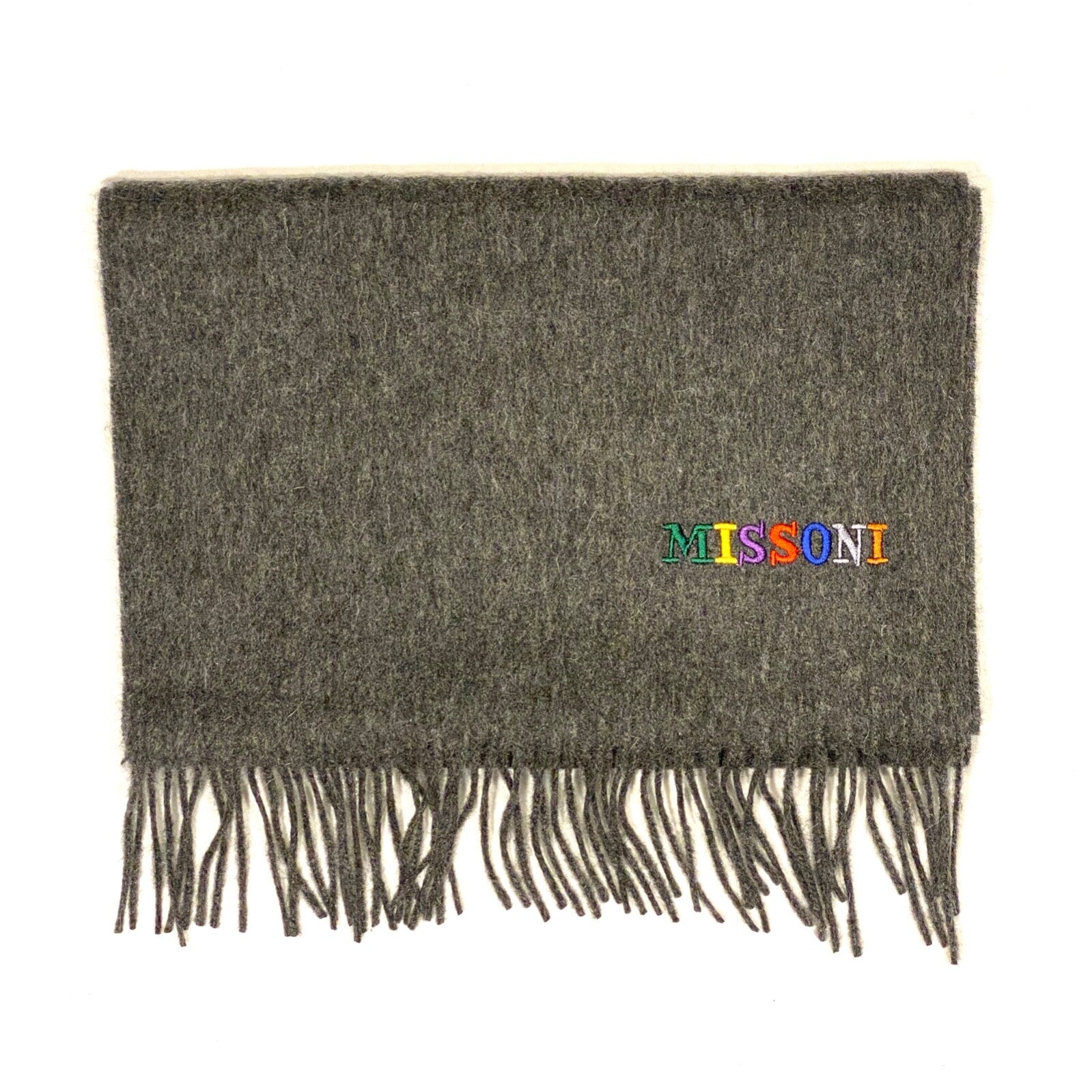 MISSONI Mens Womens Wool Fringe Scarf Multicolor Logo Black Gray Red