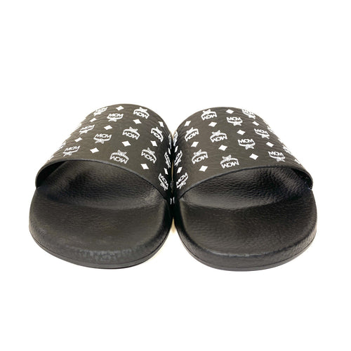 MCM Mens Monogram Logo Print Rubber Slides Sandals Black (MSRP $210)
