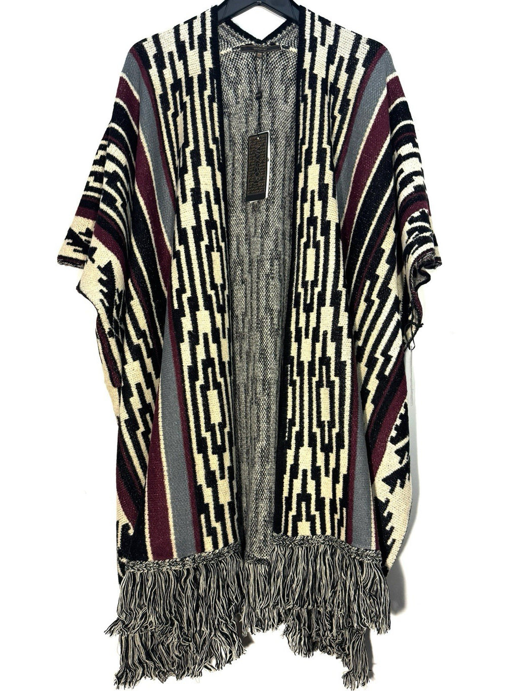 MAX SPORT Womens Geometric Stripe Poncho Black Burgundy O/S (MSRP $238)