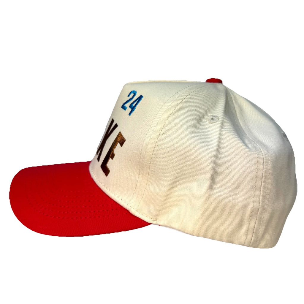 PARKE Womens Logo Heart 24 Embroidered Snapback Trucker Hat Beige Red