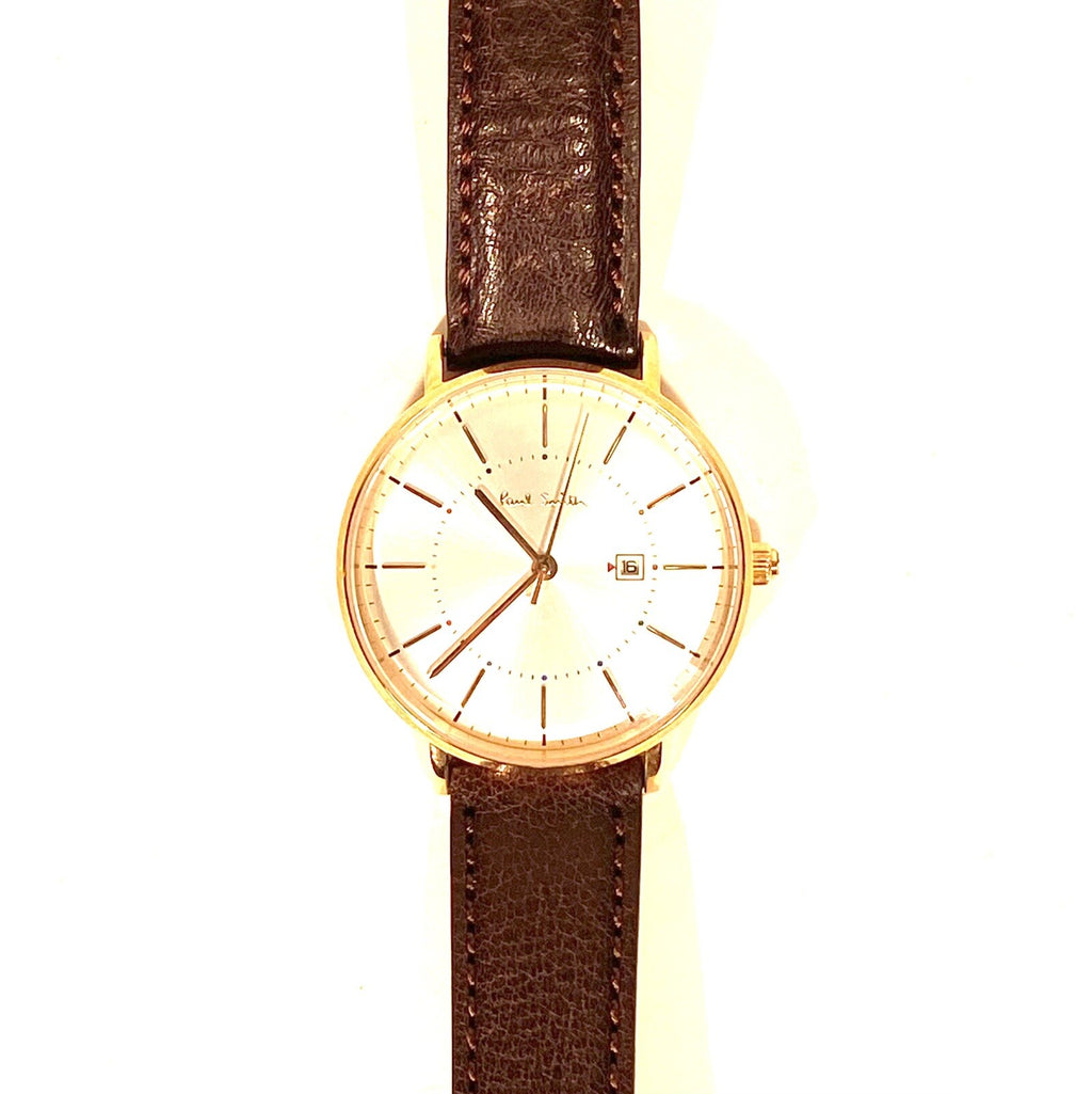 PAUL SMITH Mens Leather Strap Stainless Date Watch Brown Bronze 38mm (MSRP $325)