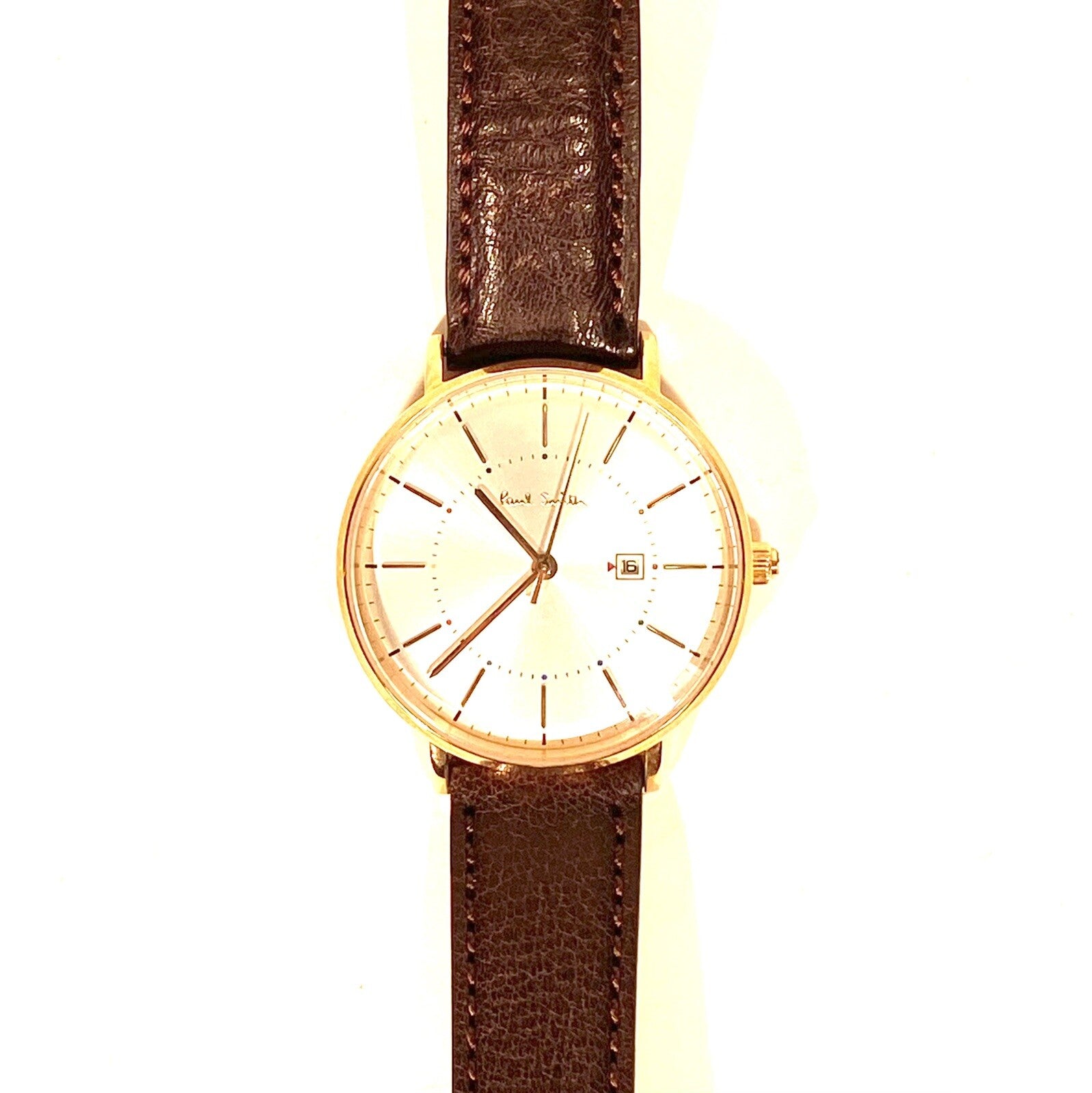 PAUL SMITH Mens Leather Strap Stainless Date Watch Brown Bronze 38mm (MSRP $325)
