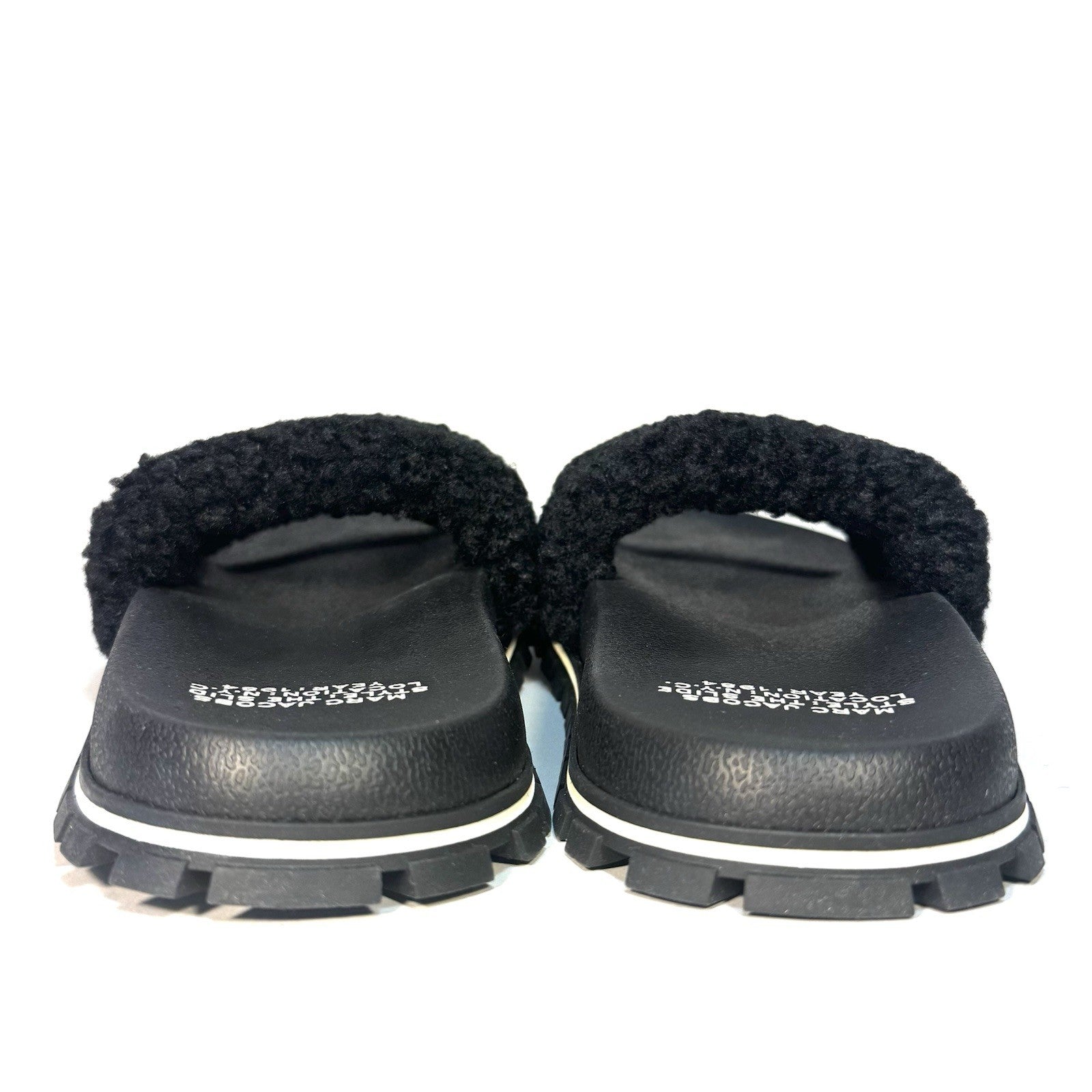 MARC JACOBS Womens The Slide Spellout Logo Teddy Sandals Black (MSRP $195)