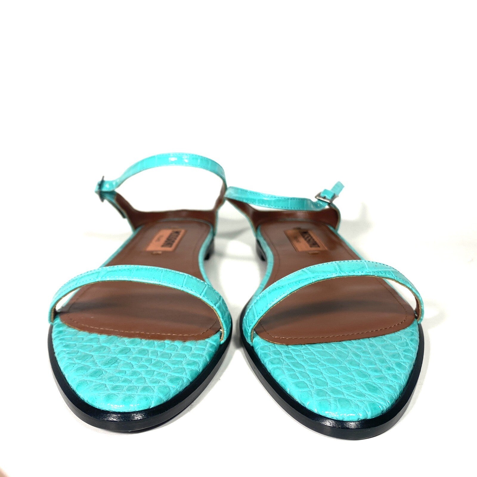 MISSONI Womens Crocodile Embossed Leather Flat Sandals Turquoise (MSRP $810)