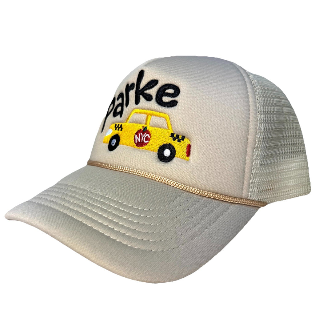 PARKE Womens NYC Taxi Cab Logo Embroidered Snapback Mesh Trucker Hat Beige