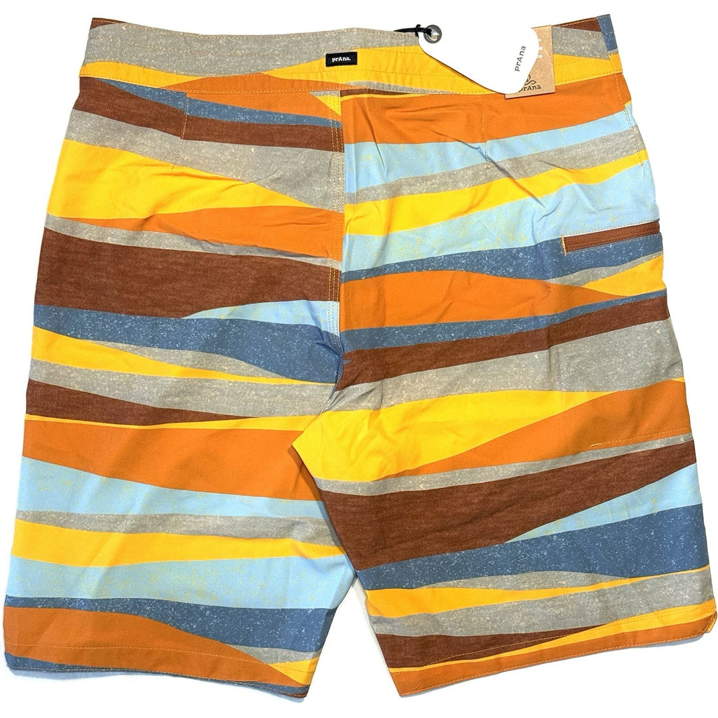 PRANA Mens 9in Fenton Board Shorts Swim Trunks Ochre Stripe Orange (MSRP $65)