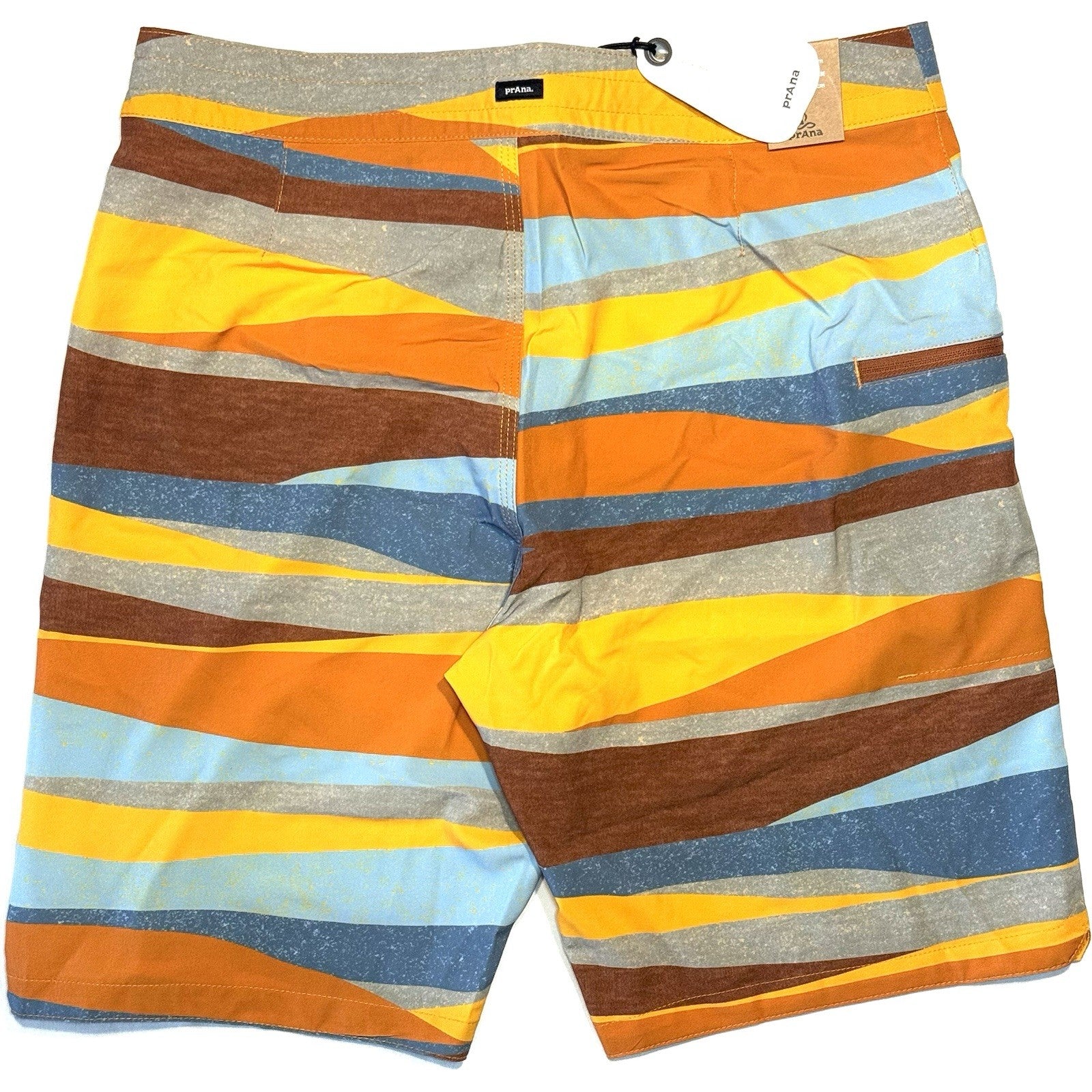 PRANA Mens 9in Fenton Board Shorts Swim Trunks Ochre Stripe Orange (MSRP $65)