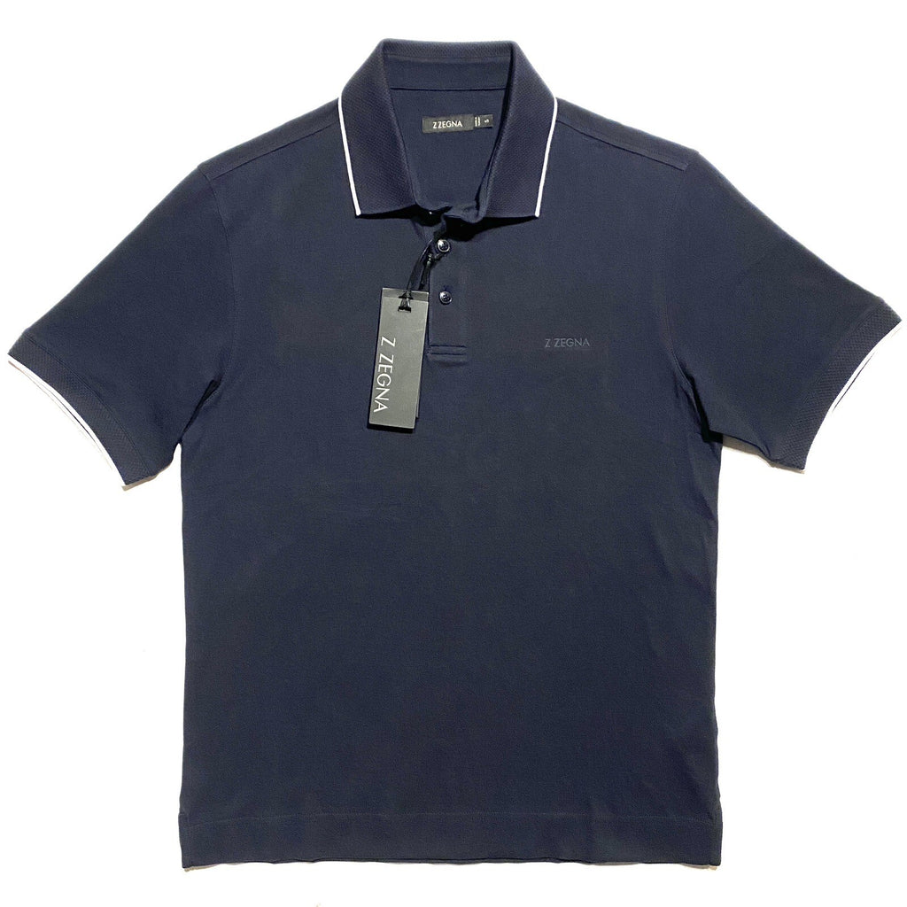 Z ZEGNA Mens Short Sleeve Pique Cotton Logo Polo Shirt Navy Blue (MSRP $225)