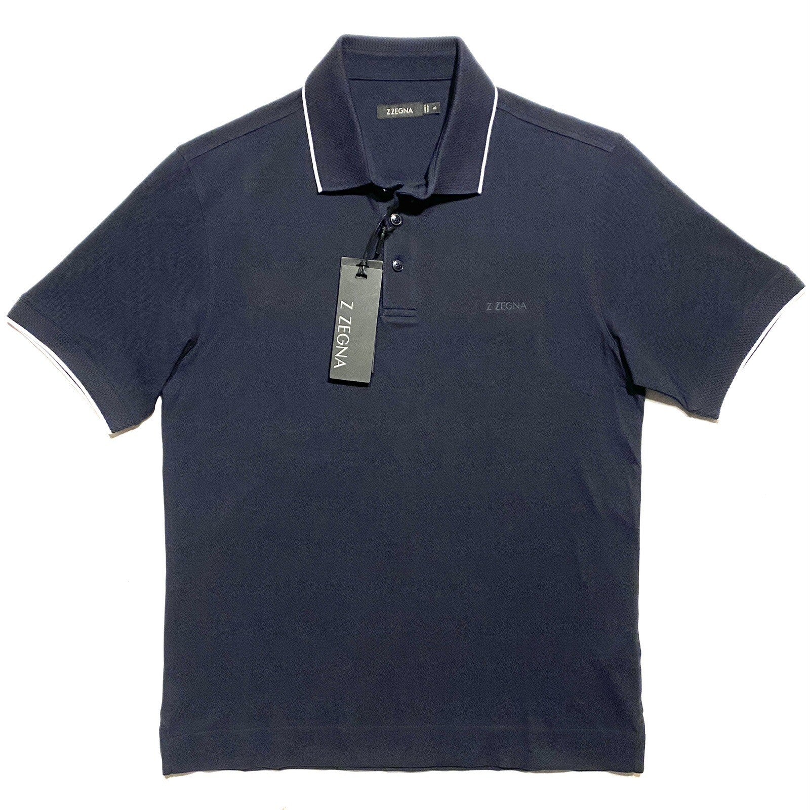 Z ZEGNA Mens Short Sleeve Pique Cotton Logo Polo Shirt Navy Blue (MSRP $225)